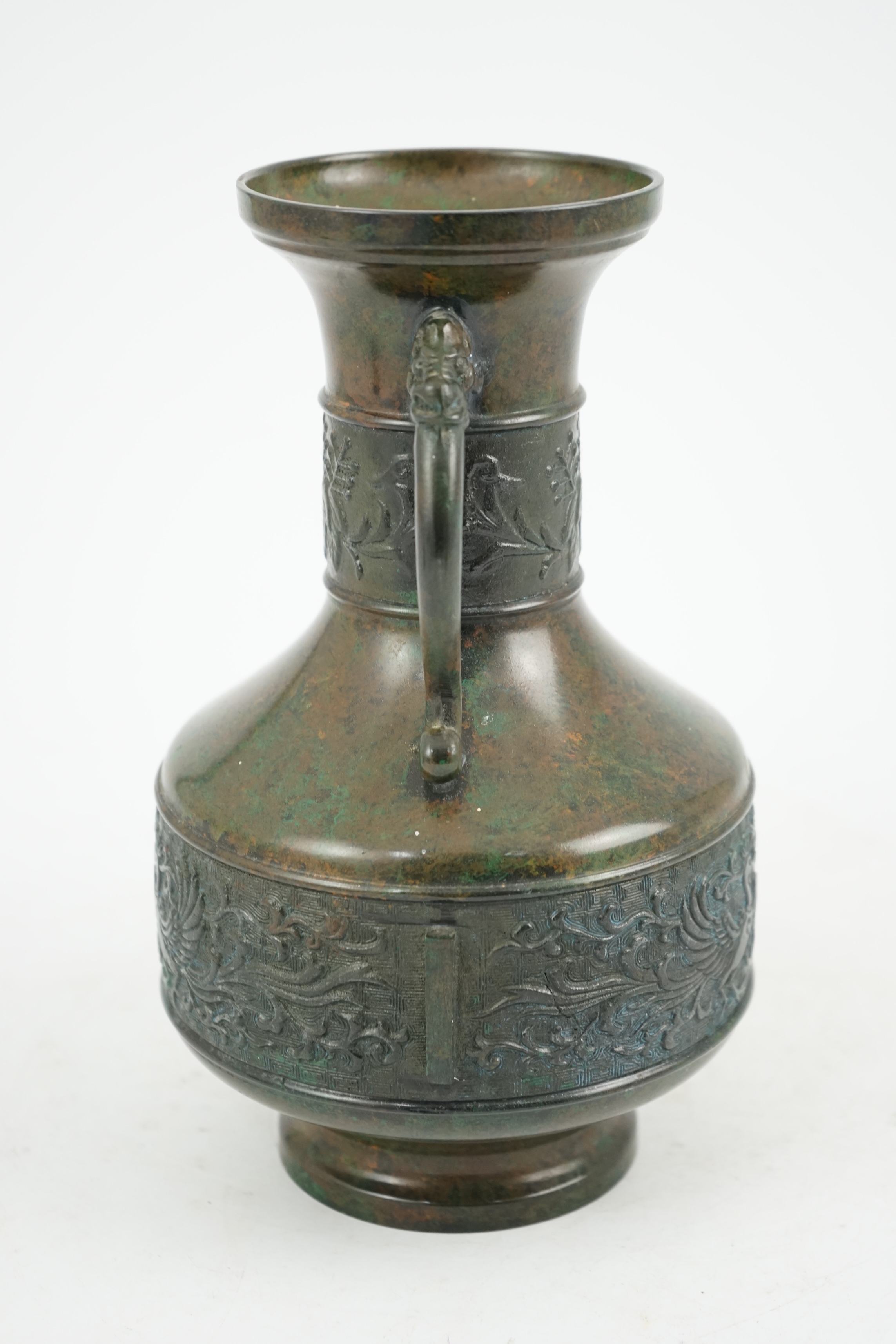 A Japanese green patinated bronze vase, 20th century, 25cm high. Condition - good